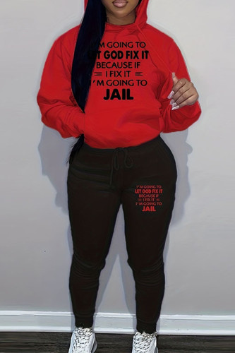 Red Black Sportwear Casual Letter Print Hooded Collar Long Sleeve Sweatshirt And Draw String Pants Two Pieces Sweatsuit Sets