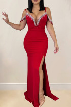 Rotes, elegantes, einfarbiges Patchwork-Kleid mit Quasten, rückenfrei, hohe Öffnung, langes Kleid mit Spaghettiträgern