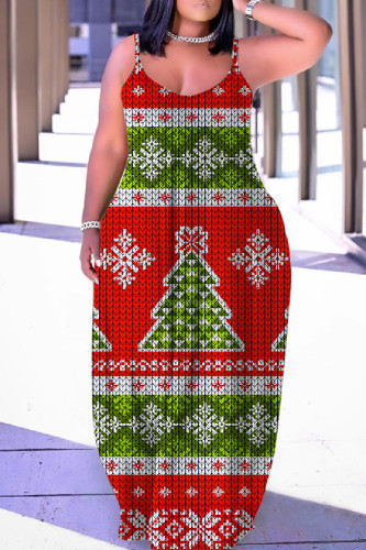 Green Red Sexy Casual Print Backless Spaghetti Strap Long Dress Dresses