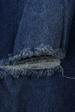 Vaqueros de mezclilla regular de cintura alta rasgados sólidos casuales de moda azul oscuro