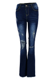 Baby Blue Fashion Casual Solid High Waist Regular Boot Cut Flare Ripped Denim Jeans