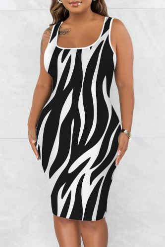 Schwarz-weißes Casual-Print-Basic-Weste-Kleid mit U-Ausschnitt