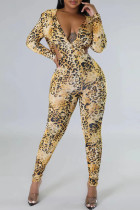Leopardo Estampado Casual Estampa Leopardo Sem Encosto Gola Com Capuz Macacões Skinny