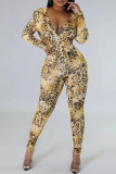 Leopardtryck Casual Print Leopard Backless Huvkrage Skinny Jumpsuits