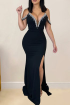 Zwarte elegante effen kwastjes patchwork rugloze hoge opening spaghettibandjes lange jurk jurken