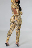 Leopardtryck Casual Print Leopard Backless Huvkrage Skinny Jumpsuits