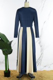 Marineblauwe elegante print patchwork O-hals A-lijn jurken
