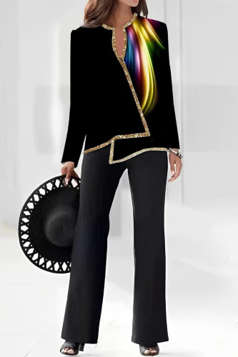 Black Casual Print Patchwork V Neck Long Sleeve Two Pieces