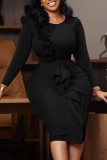 Черные повседневные однотонные лоскутные платья с круглым вырезом и длинными рукавами