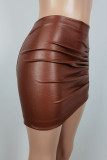 Bas marron sexy en patchwork uni avec fermeture éclair, taille moyenne, slim, couleur unie