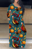 Abrikoos casual print Basic jurk met V-hals en korte mouwen
