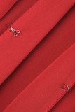 Rouge élégant solide patchwork col en V manches longues deux pièces
