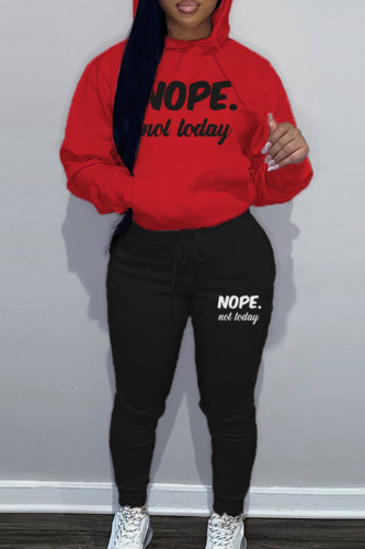 Red Black Sportwear Casual Letter Print Hooded Collar Long Sleeve Sweatshirt And Draw String Pants Two Pieces Sweatsuit Sets