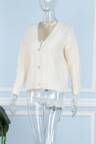 White Casual Solid Buttons V Neck Outerwear