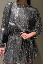 Silber-schwarze, lässige Patchwork-Pailletten-Kleider mit O-Ausschnitt und langen Ärmeln