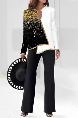 Gold Casual Print Patchwork V Neck Long Sleeve Two Pieces