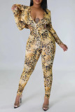 Estampado de leopardo Estampado casual Leopardo Sin espalda Cuello con capucha Monos ajustados