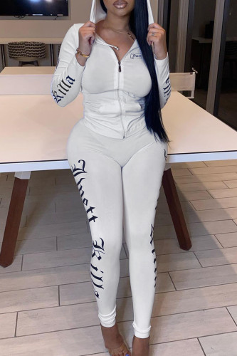 White Casual Print Letter Hooded Collar Long Sleeve Jackets And Skinny Pants Two Pieces Sweatsuit Sets