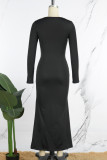 Black Casual Solid Fold Oblique Collar Long Sleeve Dresses