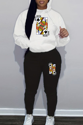 White Black Sportwear Casual Graphics Print Hooded Collar Long Sleeve Sweatshirt And Draw String Pants Two Pieces Sweatsuit Sets