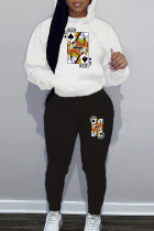 Branco preto casual estampado patchwork cordão bolso gola com capuz manga comprida duas peças