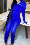 ブルー カジュアル プリント パッチワーク ドローストリング ポケット ジッパー フード付き襟 長袖 XNUMX 枚