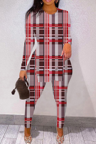 Dark Red Casual Print Slit O Neck Long Sleeve Two Pieces