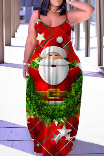 Red Green Sexy Casual Print Backless Spaghetti Strap Long Dress Dresses