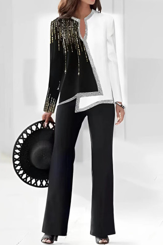 Black White Casual Print Patchwork V Neck Long Sleeve Two Pieces