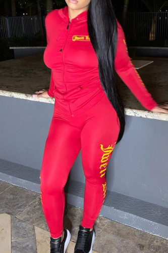 Red Casual Print Letter Hooded Collar Long Sleeve Jackets And Skinny Pants Two Pieces Sweatsuit Sets