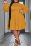 Green Casual Solid Basic O Neck Long Sleeve Plus Size Dresses