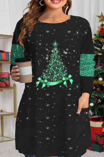 Green Casual Christmas Tree Printed Patchwork O Neck Tops