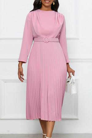 Pink Casual Solid With Belt O Neck Long Sleeve Dresses