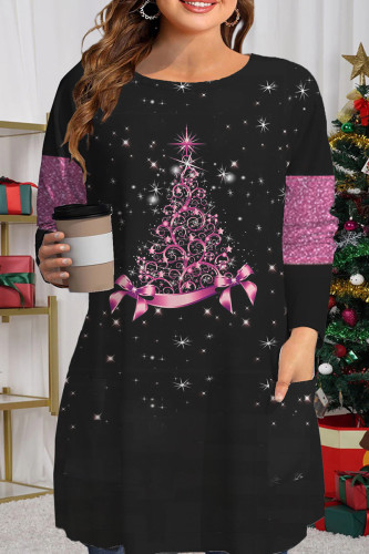 Rose Purple Casual Christmas Tree Printed Patchwork O Neck Tops