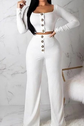White Casual Solid Buttons Vests Pants U Neck Sleeveless Two Pieces