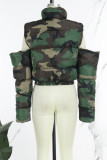 Camouflage Casual Camouflage Print Hollowed Out Zipper Collar Outerwear