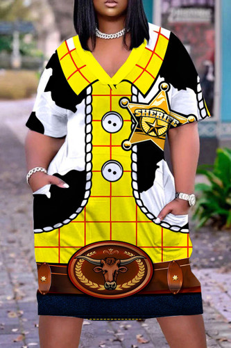 Black Yellow Casual Print Basic V Neck Short Sleeve Dress