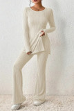 Light Gray Casual Solid Slit O Neck Long Sleeve Two Pieces