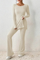 Cream White Casual Solid Slit O Neck Long Sleeve Two Pieces