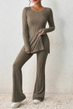 Camel Casual Solid Slit O Neck Long Sleeve Two Pieces