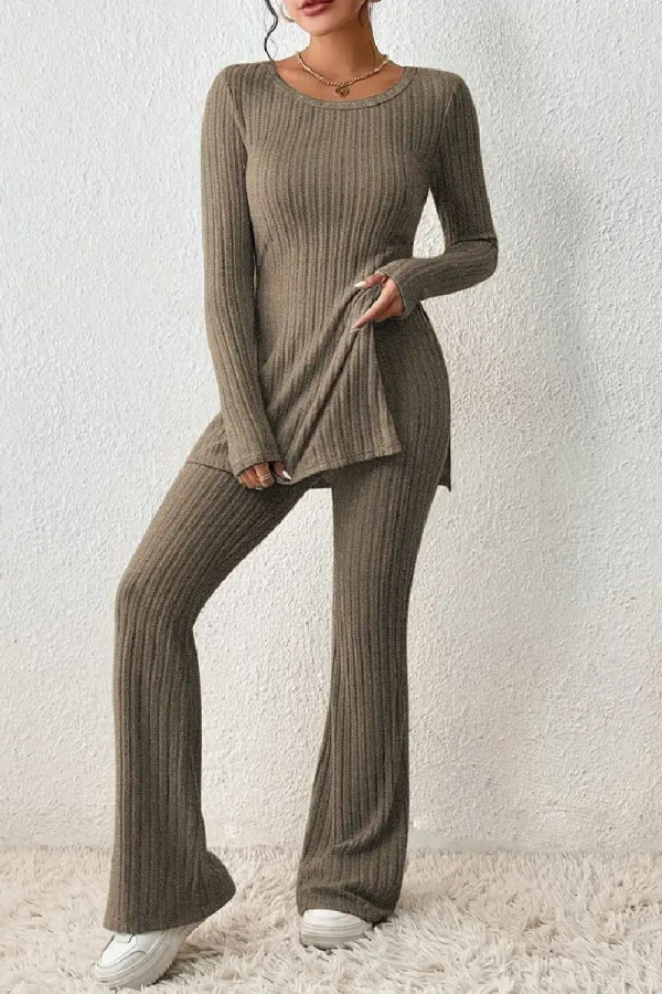 Camel Casual Solid Slit O Neck Long Sleeve Two Pieces