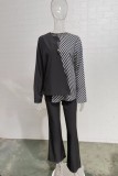 White Casual Patchwork Contrast V Neck Long Sleeve Two Pieces