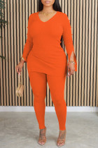 Оранжевый Повседневная однотонная рубашка с V-образным вырезом и длинными рукавами, две части
