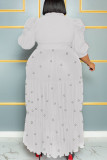 Branco casual sólido bandagem patchwork fivela beading turndown colarinho reto vestidos tamanhos grandes