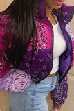 Фиолетовая повседневная верхняя одежда с воротником-стойкой и застежкой-молнией с принтом в стиле пэчворк