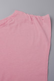 Розовый повседневный однотонный косой воротник с открытой спиной и короткими рукавами из двух предметов