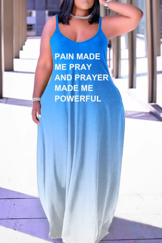 Light Blue Sexy Casual Print Backless Spaghetti Strap Long Dress Dresses