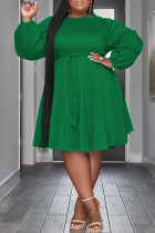 Зеленые повседневные однотонные базовые платья с длинным рукавом и круглым вырезом больших размеров