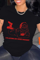 Schwarze, lässig bedruckte Weihnachtsmann-Patchwork-O-Ausschnitt-T-Shirts