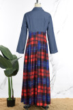 Blauwe casual geruite patchwork-jurken met ronde kraag en lange mouwen